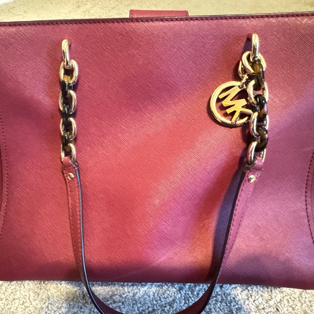 Authentic Michael Kors Maroon Shoulder Bag with Gold Accents